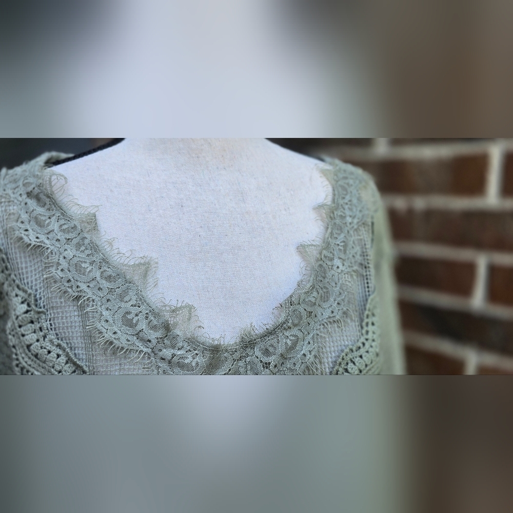 Daytrip Slouchy Sage Green Lace Trim Sweater - Picture 4 of 10